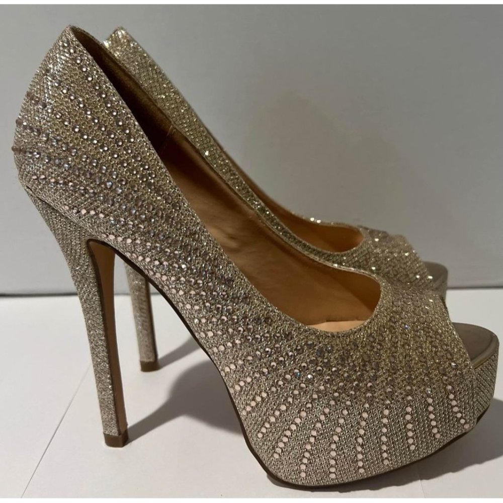 Women’s Cathy Jean Gold Rhinestone Platform Peep/Open Toe Pumps Shoes Size 6